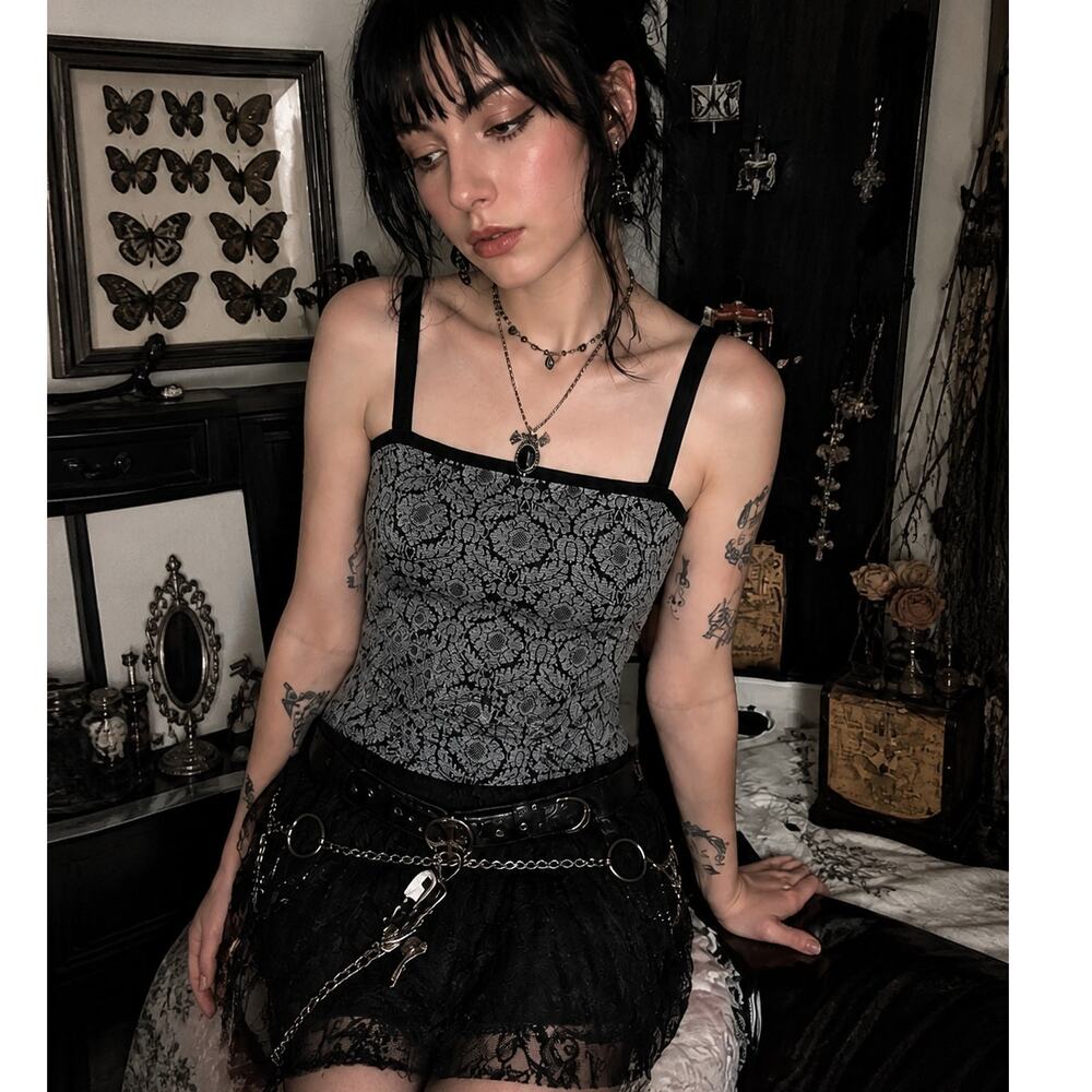 Ecru Cami Tank Small Black Velvet Gray Floral Gothic Whimsigoth Y2K Fairy Grunge